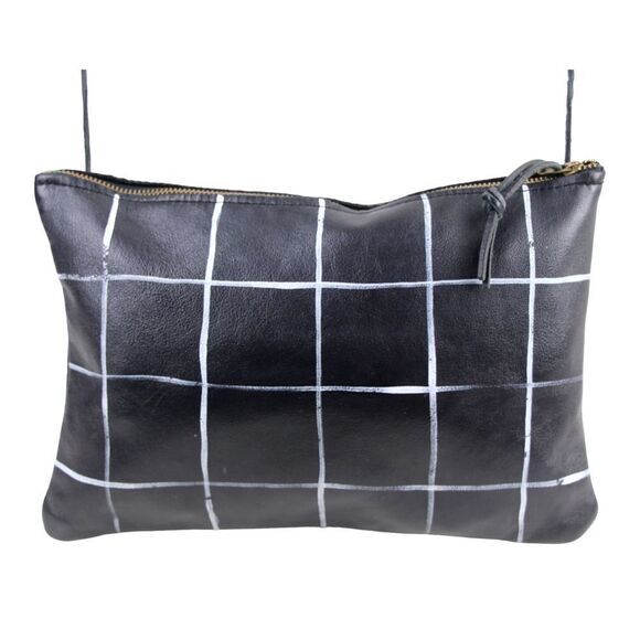 CHECK BLACK WHITE GENUINE LEATHER ZIP TOP SHOULDER BAG X-BODY HANDBAG PURSE - Picture 1 of 16